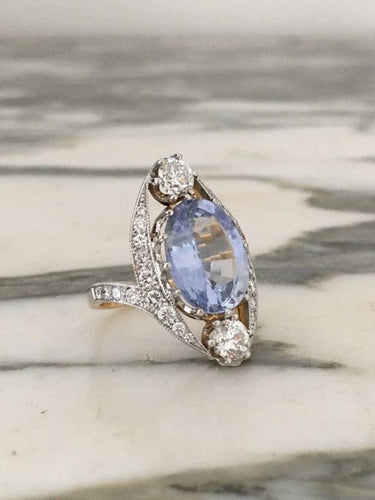 Bague 53 Bague Belle Époque en or jaune et blanc 18k, saphir de Ceylan et diamants 58 Facettes