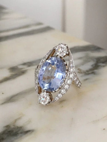 Bague 53 Bague Belle Époque en or jaune et blanc 18k, saphir de Ceylan et diamants 58 Facettes