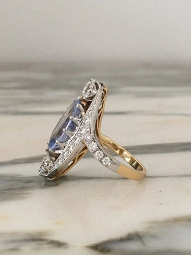 Bague 53 Bague Belle Époque en or jaune et blanc 18k, saphir de Ceylan et diamants 58 Facettes