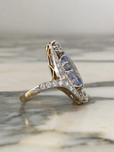 Bague 53 Bague Belle Époque en or jaune et blanc 18k, saphir de Ceylan et diamants 58 Facettes