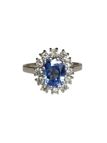 Bague 58.5 Bague pompadour en or blanc 18 k et platine, saphir de Ceylan et diamants 58 Facettes