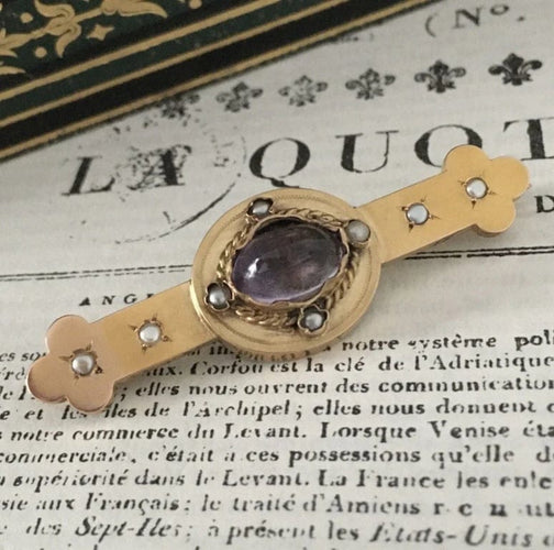 Broche Broche Napoléon III en or jaune 18K avec améthyste et perles 58 Facettes