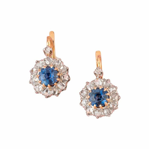 Boucles d'oreilles Belle Époque - Boucles d’oreilles dormeuses en or rose, platine, saphirs et diamants 58 Facettes