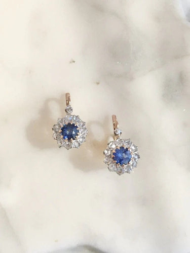 Boucles d'oreilles Belle Époque - Boucles d’oreilles dormeuses en or rose, platine, saphirs et diamants 58 Facettes