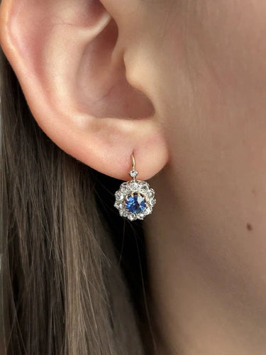 Boucles d'oreilles Belle Époque - Boucles d’oreilles dormeuses en or rose, platine, saphirs et diamants 58 Facettes