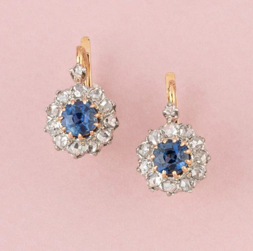 Boucles d'oreilles Belle Époque - Boucles d’oreilles dormeuses en or rose, platine, saphirs et diamants 58 Facettes
