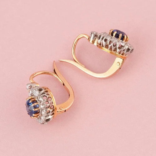 Boucles d'oreilles Belle Époque - Boucles d’oreilles dormeuses en or rose, platine, saphirs et diamants 58 Facettes
