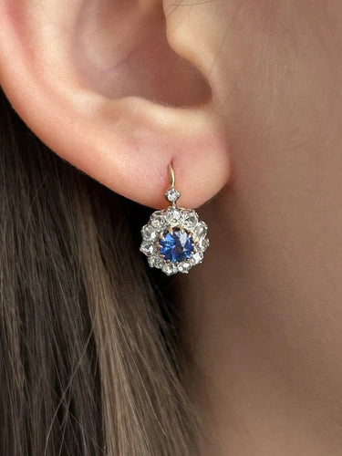 Boucles d'oreilles Belle Époque - Boucles d’oreilles dormeuses en or rose, platine, saphirs et diamants 58 Facettes