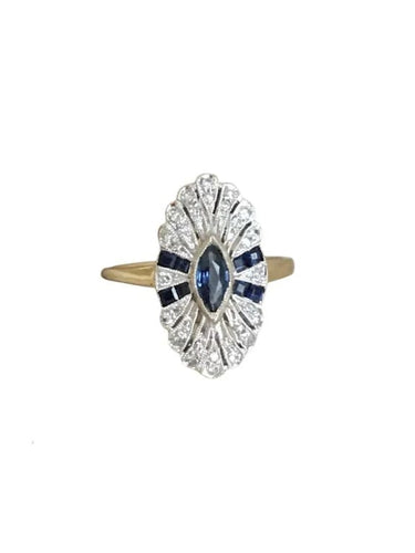 Bague 50.5 Bague Art déco pavée en or jaune 18K et platine, saphirs et diamants 58 Facettes