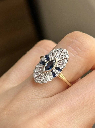 Bague 50.5 Bague Art déco pavée en or jaune 18K et platine, saphirs et diamants 58 Facettes