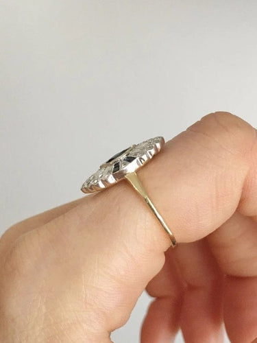 Bague 50.5 Bague Art déco pavée en or jaune 18K et platine, saphirs et diamants 58 Facettes