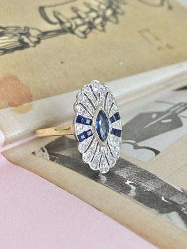 Bague 50.5 Bague Art déco pavée en or jaune 18K et platine, saphirs et diamants 58 Facettes