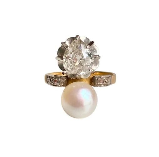 Bague 47 Bague Toi & Moi Belle Époque en or jaune 18K, platine, perle et diamants 58 Facettes