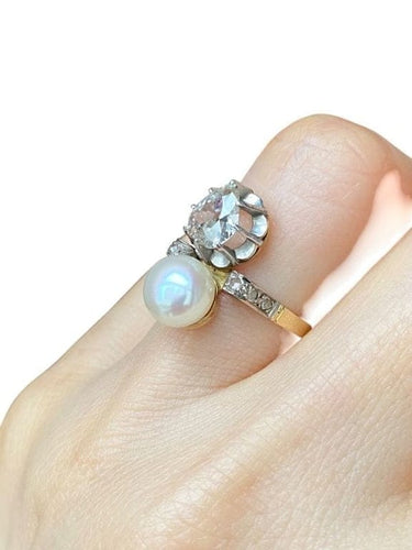 Bague 47 Bague Toi & Moi Belle Époque en or jaune 18K, platine, perle et diamants 58 Facettes