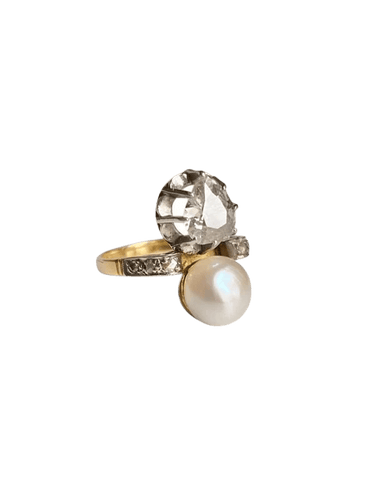 Bague 47 Bague Toi & Moi Belle Époque en or jaune 18K, platine, perle et diamants 58 Facettes
