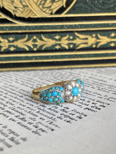 Bague 58 Bague fleur ancienne en or jaune 18K, perles et turquoises 58 Facettes