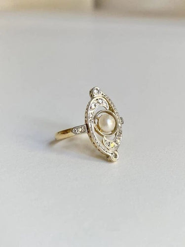 Bague 51 Bague tourbillon Belle Époque en or jaune 18K, platine, perle et diamants 58 Facettes
