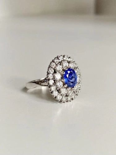 Bague 57 Bague marguerite en or blanc 18K avec saphir et diamants 58 Facettes