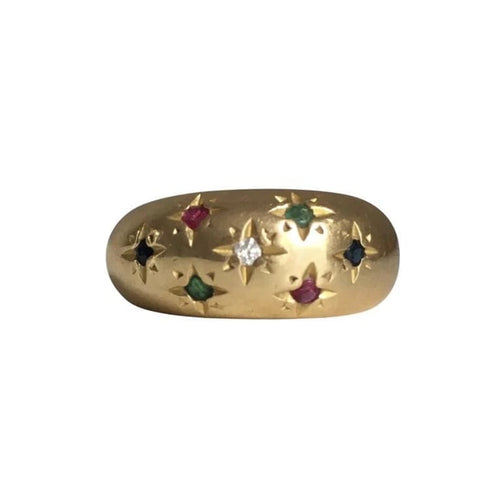 Bague 51 Bague boule en or jaune 18K sertie de diamant, rubis, saphirs et émeraudes 58 Facettes