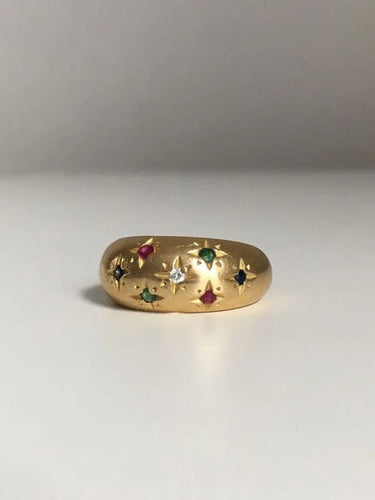 Bague 51 Bague boule en or jaune 18K sertie de diamant, rubis, saphirs et émeraudes 58 Facettes