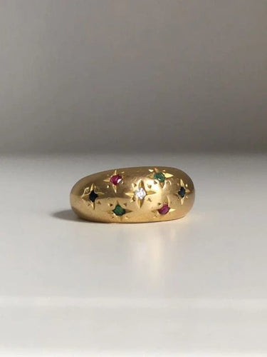 Bague 51 Bague boule en or jaune 18K sertie de diamant, rubis, saphirs et émeraudes 58 Facettes