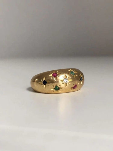 Bague 51 Bague boule en or jaune 18K sertie de diamant, rubis, saphirs et émeraudes 58 Facettes