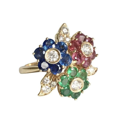 Bague 51 Bague fleur en or jaune 18K avec saphirs, rubis, émeraudes et diamants 58 Facettes