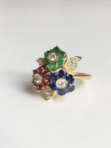 Bague 51 Bague fleur en or jaune 18K avec saphirs, rubis, émeraudes et diamants 58 Facettes
