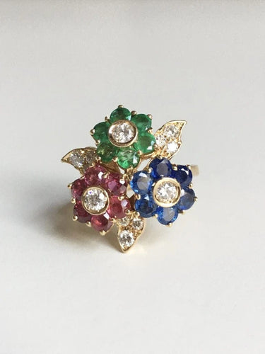 Bague 51 Bague fleur en or jaune 18K avec saphirs, rubis, émeraudes et diamants 58 Facettes
