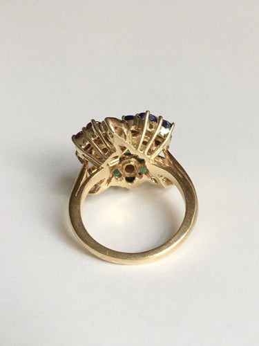 Bague 51 Bague fleur en or jaune 18K avec saphirs, rubis, émeraudes et diamants 58 Facettes