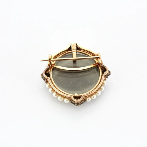 Broche Broche porte-souvenir ancienne en or jaune 18K, camée et perles 58 Facettes
