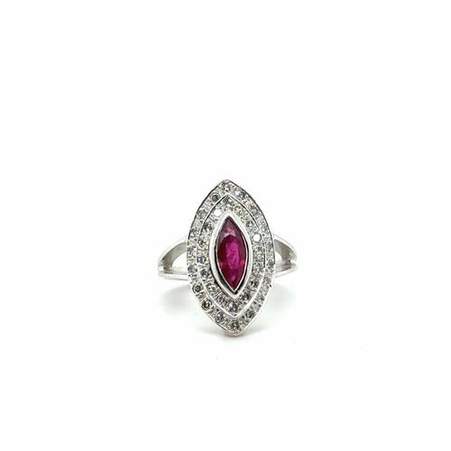 Bague 48 Bague marquise en or blanc 18 carats, rubis et diamants 58 Facettes 11078/15