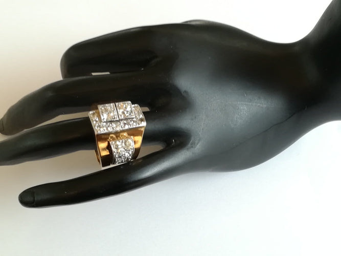 Bague 56 Bague tank asymétrique en or jaune et platine avec diamants 58 Facettes 001