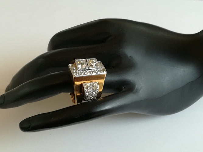 Bague 56 Bague tank asymétrique en or jaune et platine avec diamants 58 Facettes 001