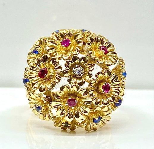 Bague 53 Bague multifleurs en or jaune 18 carats, saphirs, rubis et diamant 58 Facettes AB671