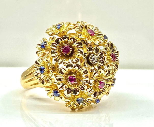Bague 53 Bague multifleurs en or jaune 18 carats, saphirs, rubis et diamant 58 Facettes AB671