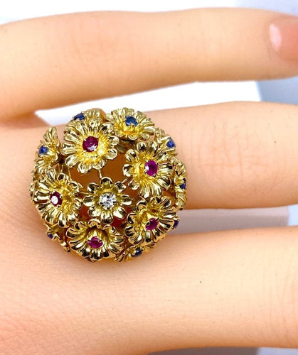 Bague 53 Bague multifleurs en or jaune 18 carats, saphirs, rubis et diamant 58 Facettes AB671