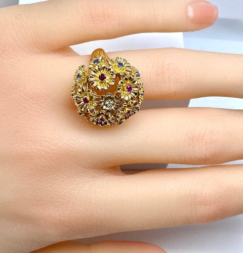 Bague 53 Bague multifleurs en or jaune 18 carats, saphirs, rubis et diamant 58 Facettes AB671