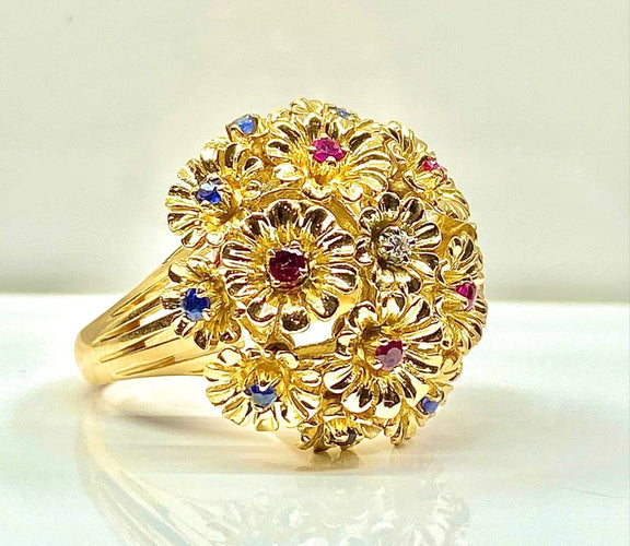 Bague 53 Bague multifleurs en or jaune 18 carats, saphirs, rubis et diamant 58 Facettes AB671