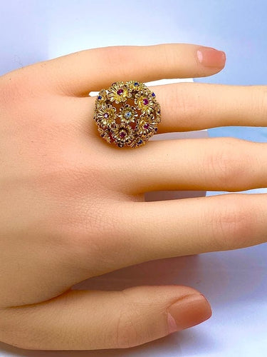 Bague 53 Bague multifleurs en or jaune 18 carats, saphirs, rubis et diamant 58 Facettes AB671