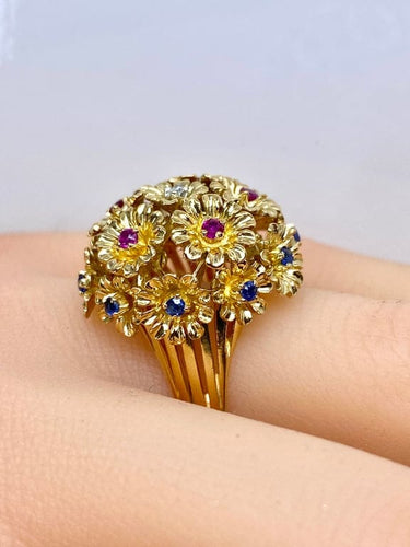 Bague 53 Bague multifleurs en or jaune 18 carats, saphirs, rubis et diamant 58 Facettes AB671