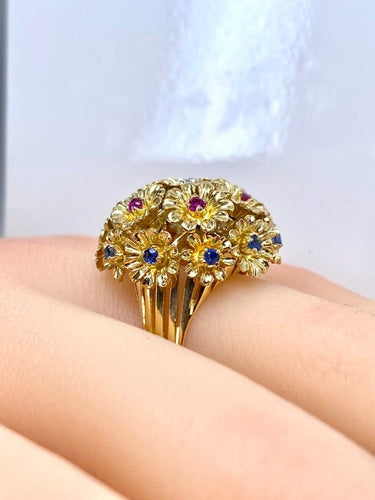 Bague 53 Bague multifleurs en or jaune 18 carats, saphirs, rubis et diamant 58 Facettes AB671