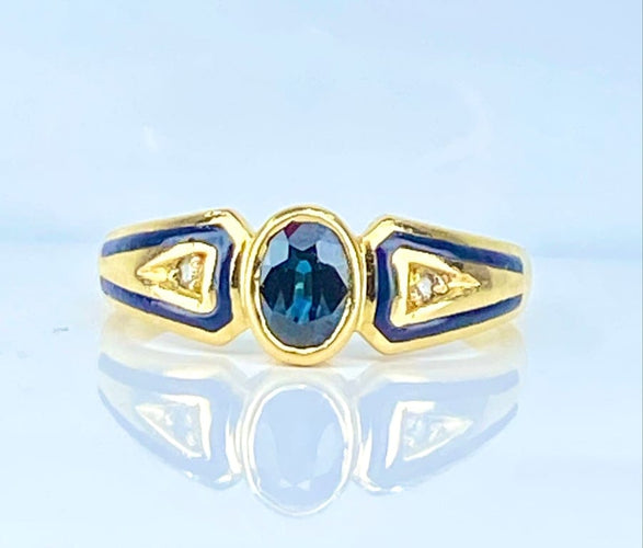 Bague 53 Bague jonc en or jaune 18 carats avec saphir, diamants et émail 58 Facettes AB676