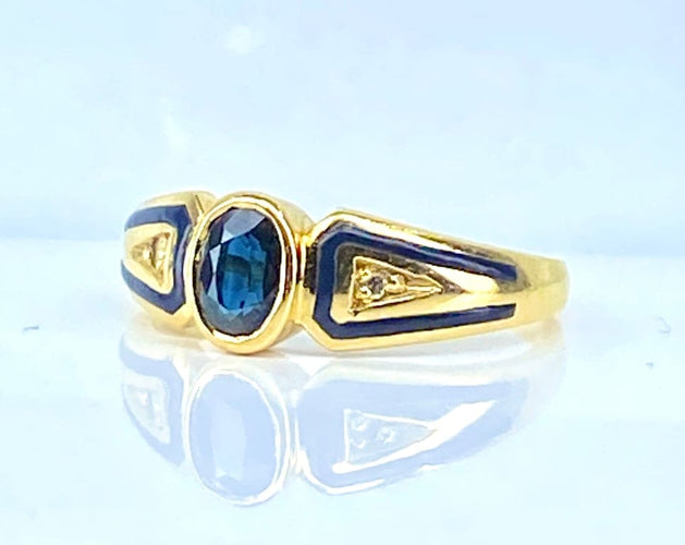 Bague 53 Bague jonc en or jaune 18 carats avec saphir, diamants et émail 58 Facettes AB676