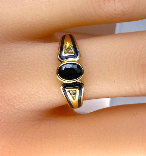 Bague 53 Bague jonc en or jaune 18 carats avec saphir, diamants et émail 58 Facettes AB676