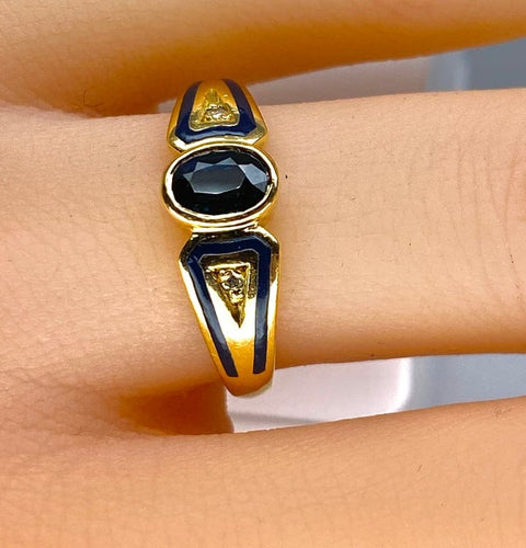 Bague 53 Bague jonc en or jaune 18 carats avec saphir, diamants et émail 58 Facettes AB676