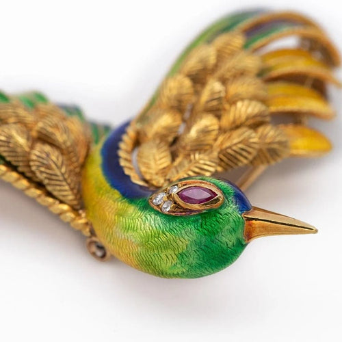 Broche Mauboussin - Broche oiseau en or jaune 18 carats rubis et diamants 58 Facettes