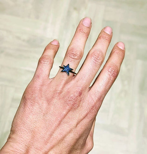 Bague 54 Djula - Bague étoile en or noir 18k et saphirs bleus 58 Facettes