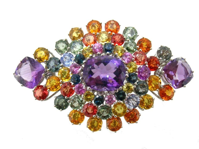 Broche Broche ovale en or blanc 750 avec améthystes et saphirs fantaisie 58 Facettes