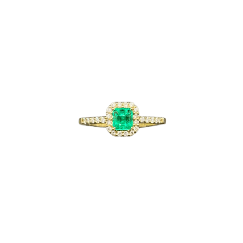 Bague 53 Bague entourage émeraude de Colombie et diamants en or jaune 18 kt 58 Facettes